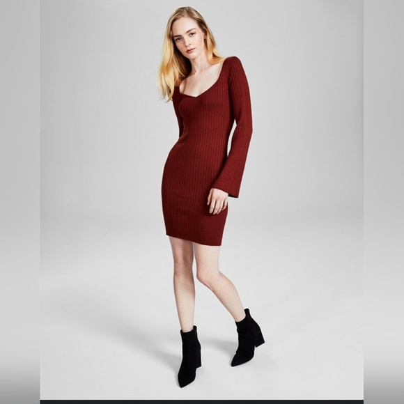 Women's Bell-Sleeve Ribbed Brown Sweater Dress SIZE Medium NWT - Picture 1 of 10